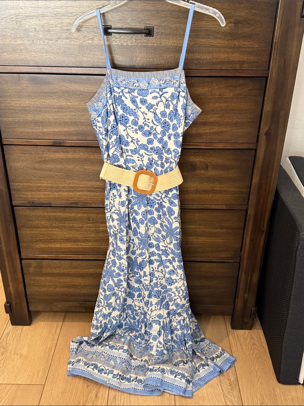 Taylor Blue and White Floral Maxi Dress with Striped Trim